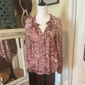 Pink and Brown Ruffled Long Sleeve Blouse